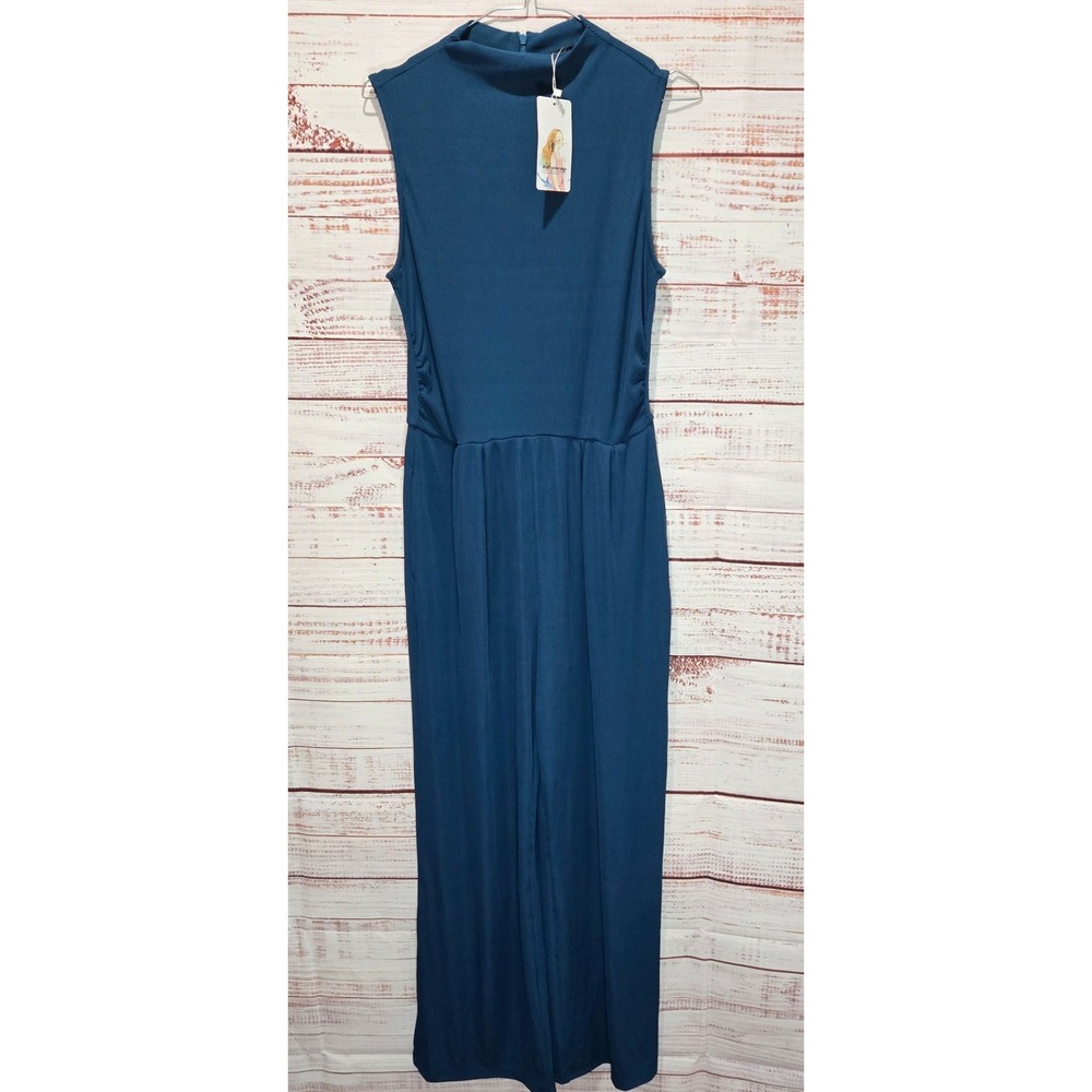 PrettyGarden Women Blue Ribbed Sleeveless Mock Neck Wide Leg Jumpsuit Medium NEW